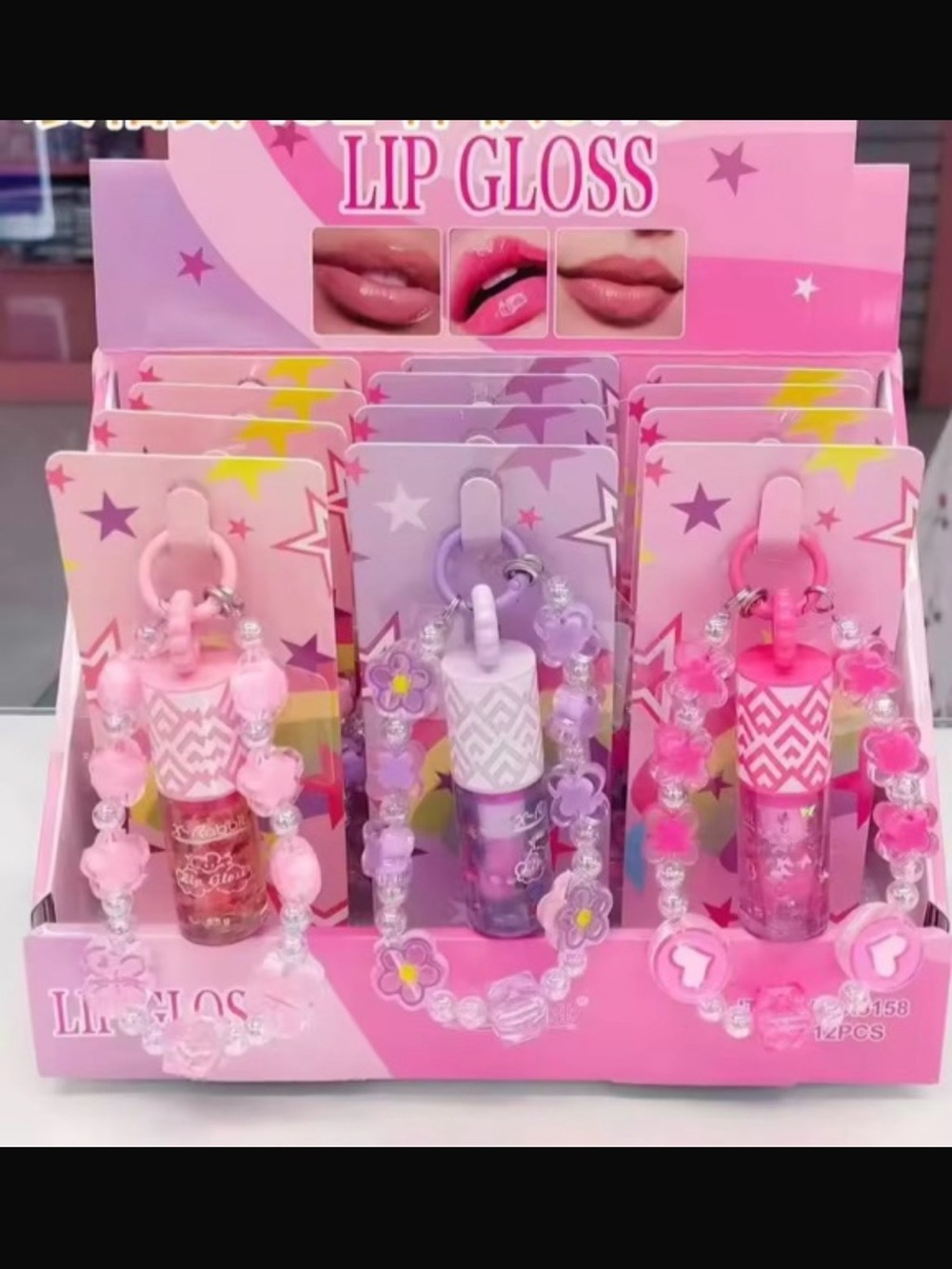 Cute Pink & Purple Beaded Lip Gloss Keychain Trio